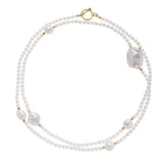 LIVKE’s gold baroque pearl necklace styled in three ways: as a choker, layered chains, and wrapped bracelet for boho versatility.