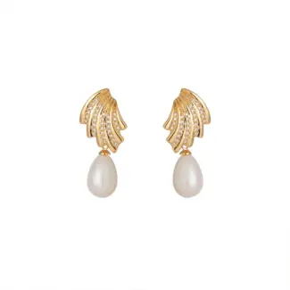 LIVKE’s gold vintage pearl drop earrings with zirconia accents, styled with a black dress for Parisian evening elegance.