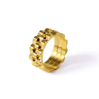 LIVKE’s gold gear ring on a hand with black polish, styled with a leather jacket for urban minimalist edge.