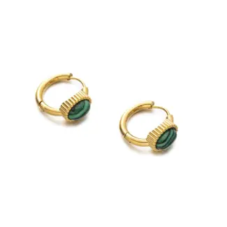 LIVKE’s gold malachite stud earrings styled with a white linen shirt for minimalist office elegance.