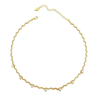 LIVKE 18K gold-plated asymmetric chain necklace with cubic zirconia stones, layered with minimalist bar pendant for day-to-night jewelry styling