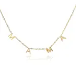 Gold alphabet necklace layered with 4 initials 'LIVK' on collarbone