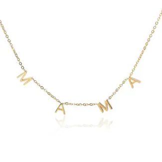 Gold alphabet necklace layered with 4 initials 'LIVK' on collarbone