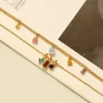 Woman wearing LIVKE multicolor zirconia necklace transitioning from office blazer to cocktail dress, showcasing prismatic jewelry for versatile styling