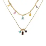 Woman wearing LIVKE multicolor zirconia necklace transitioning from office blazer to cocktail dress, showcasing prismatic jewelry for versatile styling