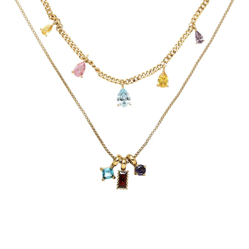 Woman wearing LIVKE multicolor zirconia necklace transitioning from office blazer to cocktail dress, showcasing prismatic jewelry for versatile styling