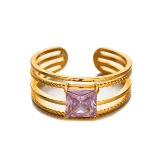 Stacked LIVKE open rings in lavender, clear and deep purple CZ on manicured hand