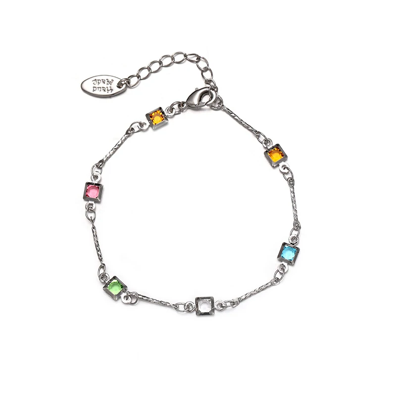 Delicate chain bracelet with six colorful square zirconia stones in Bauhaus-inspired geometric arrangement, perfect for minimalist jewelry lovers and modern gift ideas