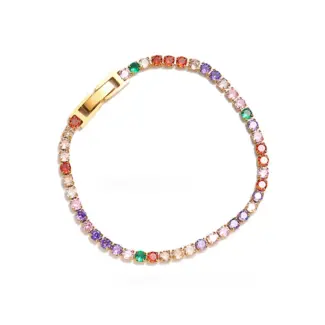 Three-tone zirconia tennis bracelets showcasing gold, silver, and rainbow color options, perfect for jewelry stacking and special occasion gifts