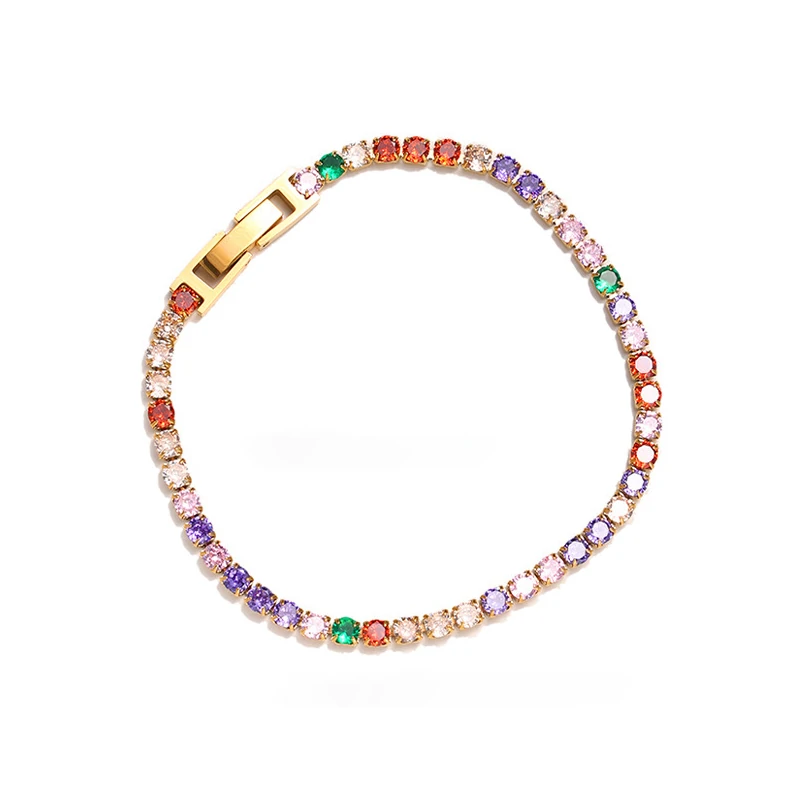 Three-tone zirconia tennis bracelets showcasing gold, silver, and rainbow color options, perfect for jewelry stacking and special occasion gifts