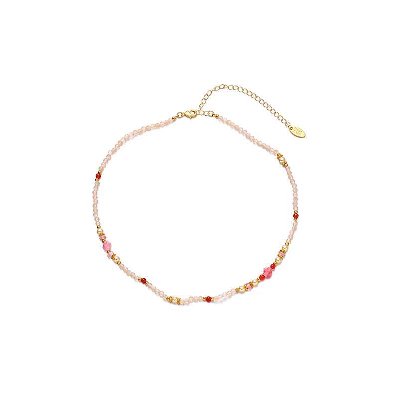 Pink rose quartz and white agate bead jewelry set on gold chain, designed for chakra balancing and minimalist spiritual accessories