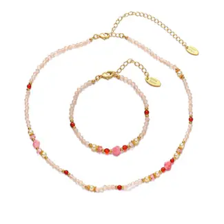 Pink rose quartz and white agate bead jewelry set on gold chain, designed for chakra balancing and minimalist spiritual accessories