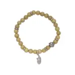 Olive green aventurine bead bracelet with silver feather charm and floral spacer beads, designed for spiritual healing and crystal energy jewelry lovers